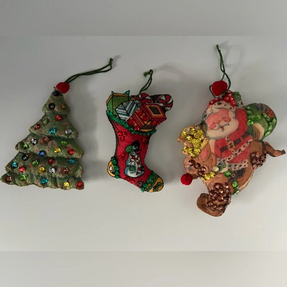 Vintage Handmade Holiday Ornament Trio Christmas Tree, Stocking, and Santa